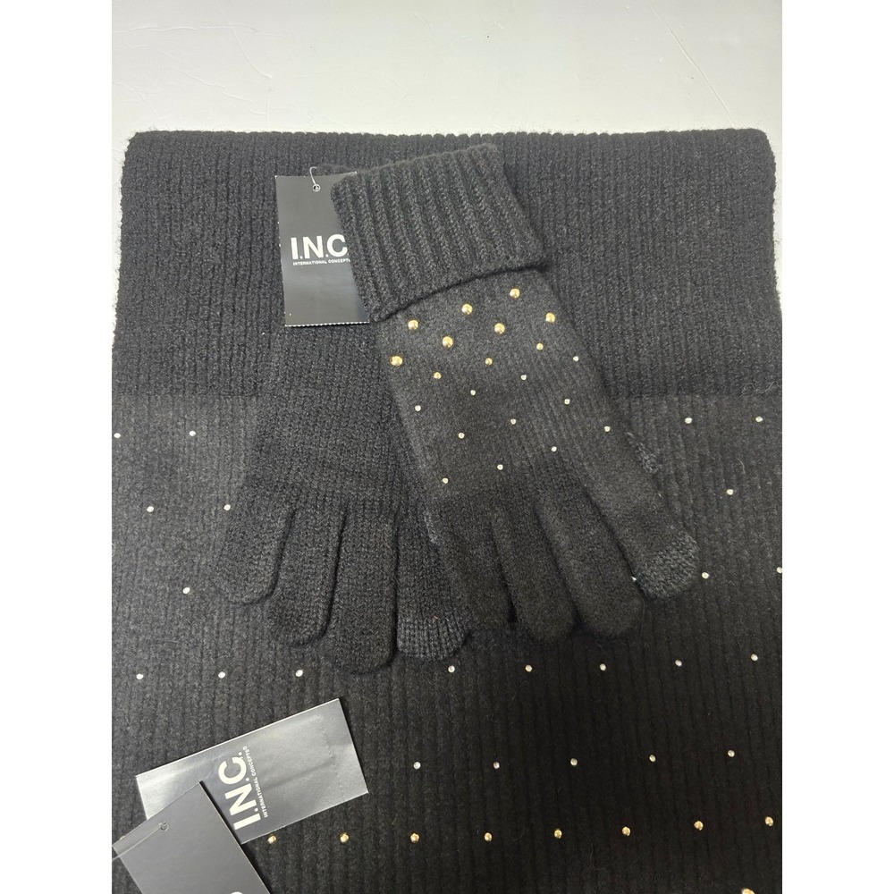INC International Concepts Black Studded Convertible Wrap and Gloves Set NWT - Picture 3 of 8